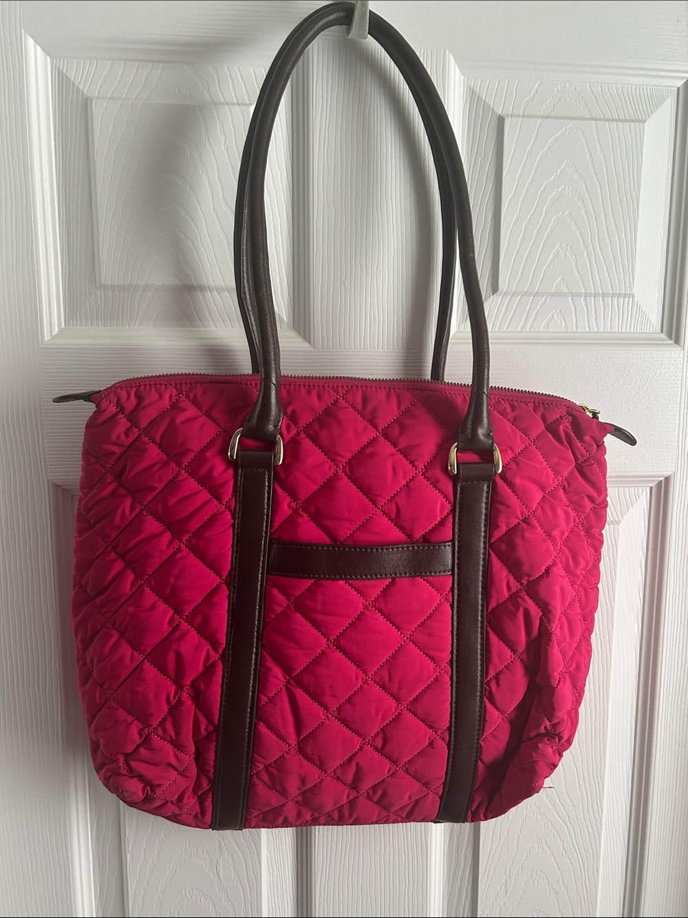 Talbots Quilted Fushia Tote Bag with Brown Trim